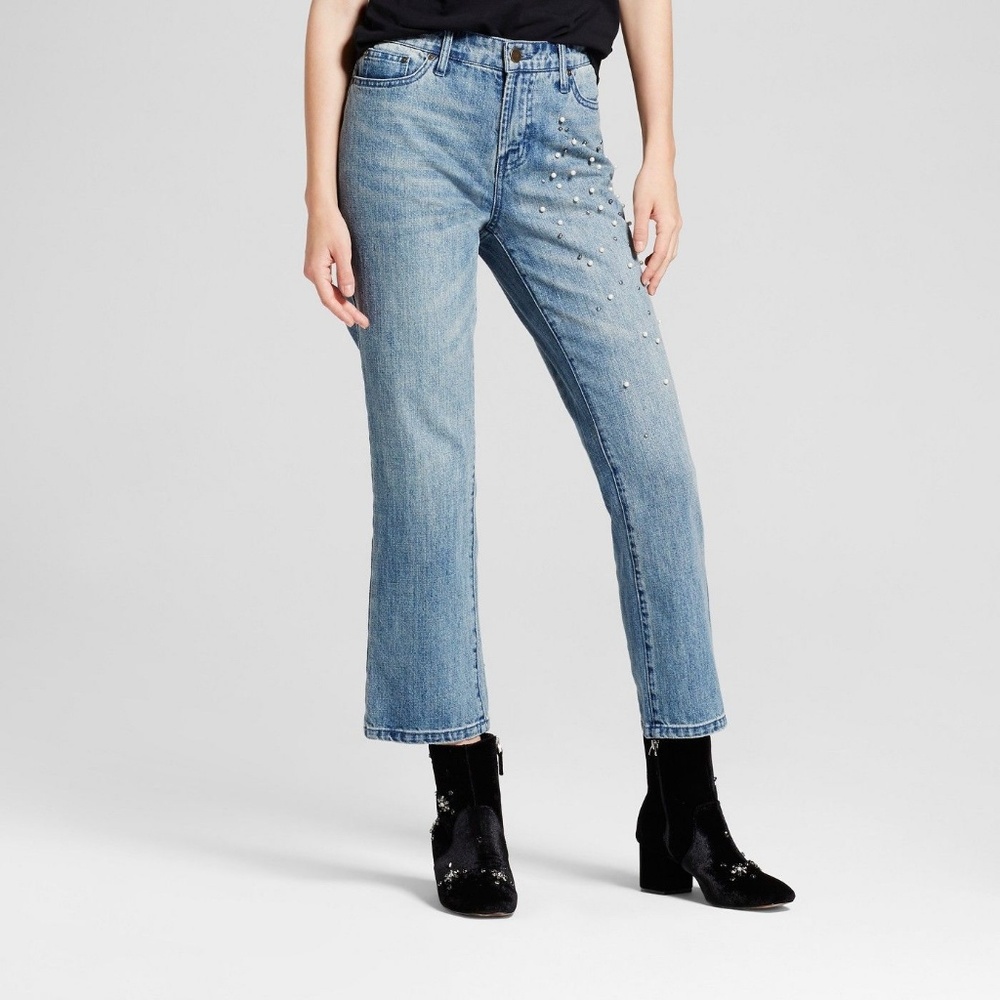 NWT pearl embellished vintage wash blue jeans NEW